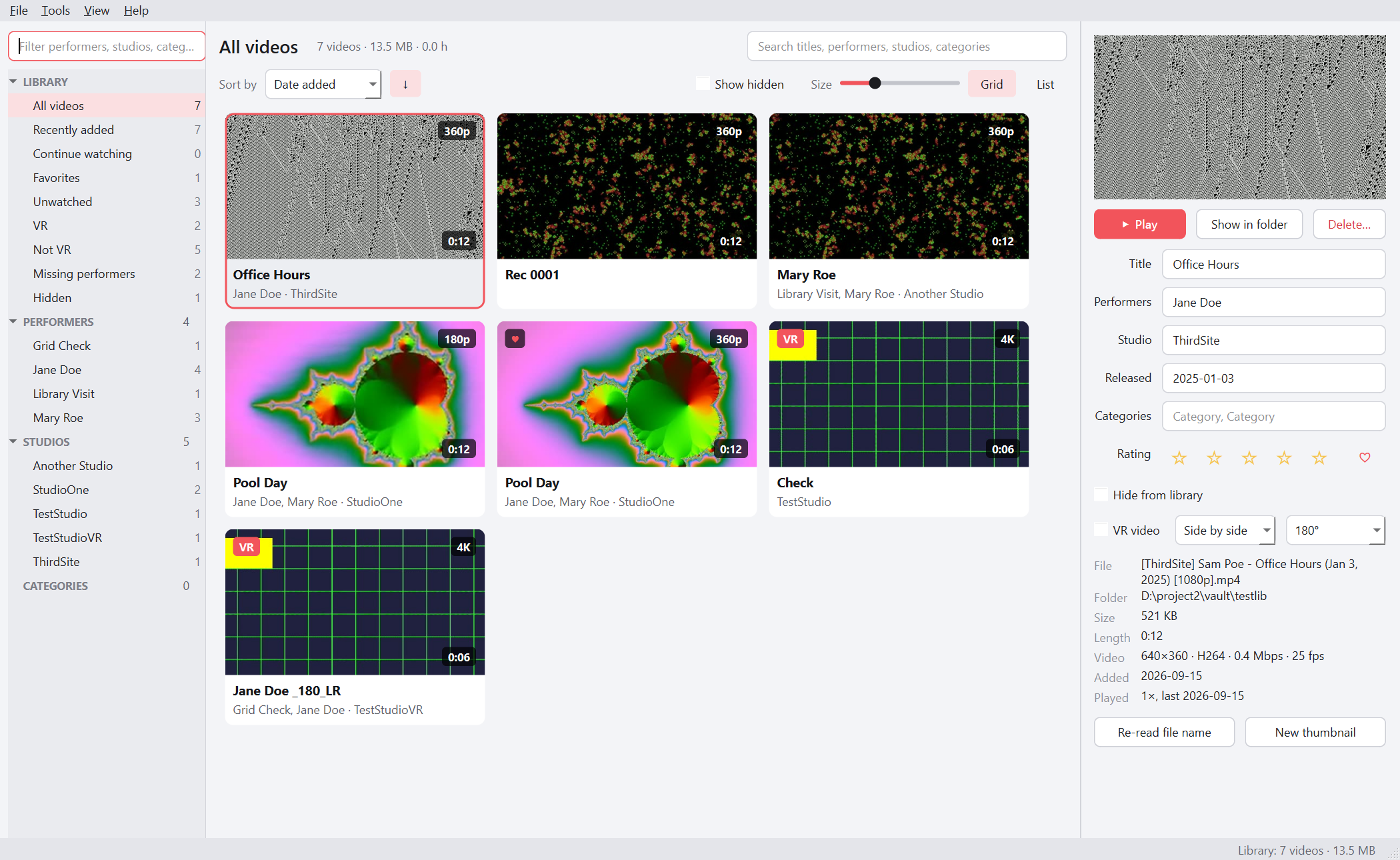 The BlueShelf library window: a sidebar of performers and studios, a grid of video thumbnails, and a details panel with rating, categories and VR settings.